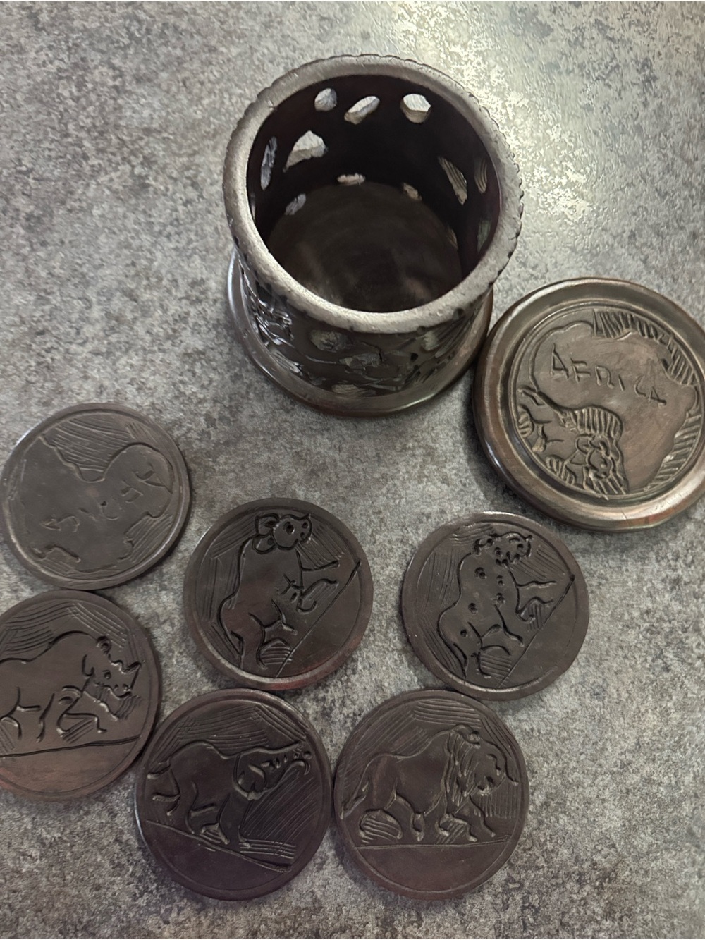 Antique-Style African Animal Token Set with Decorative Holder - Dark Brown